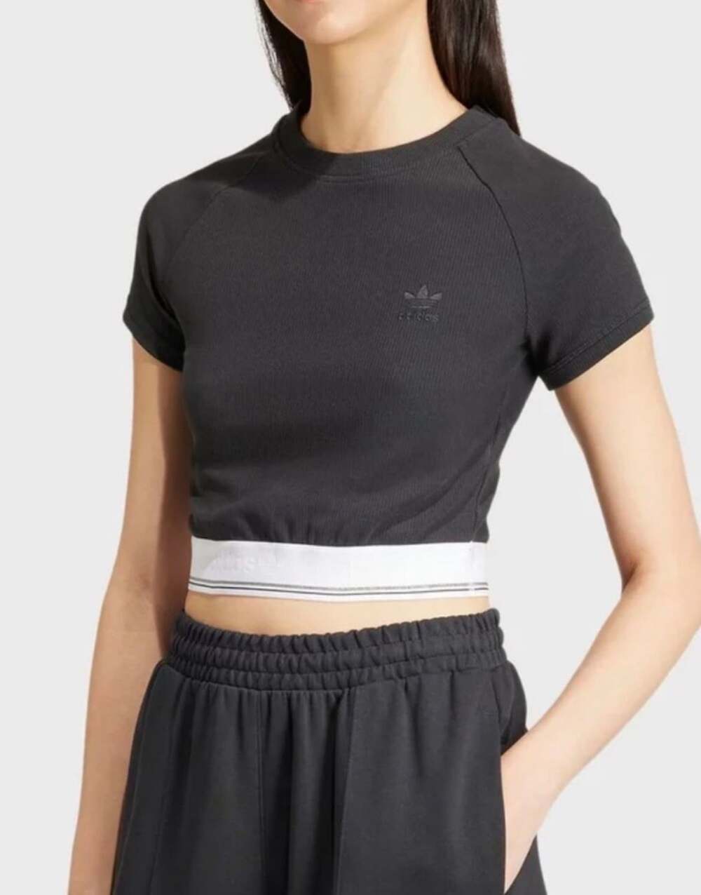 Adidas Originals Tape Waistband Black Ribbed Short Sleeve Crop Top